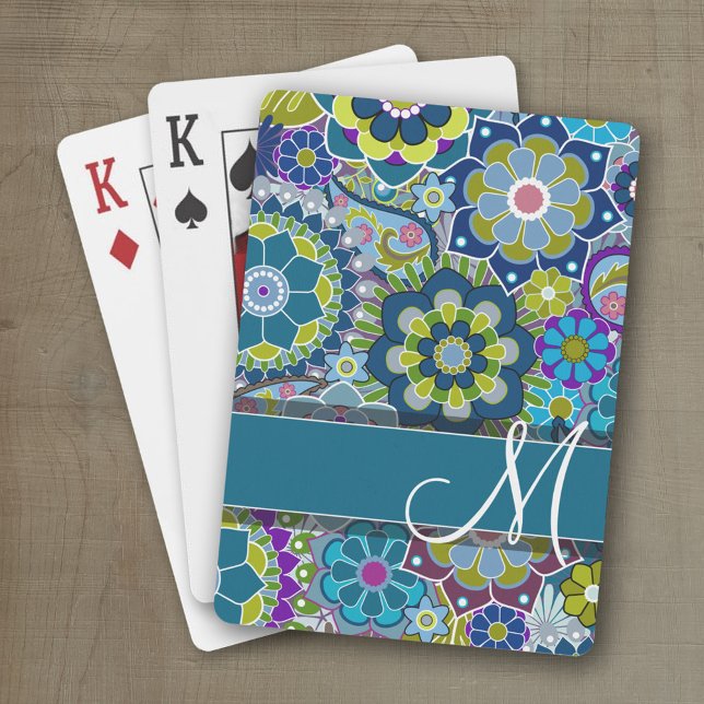 Baralho Flores Retro Coloridas com Monograma (Personalized playing cards with a funky floral pattern and a place for a name)