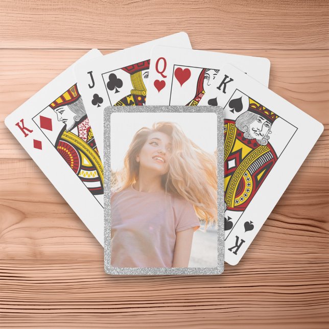 Baralho Foto de Borda Glitter do Faux Silver (Faux Silver Glitter Border Photo Poker Cards)