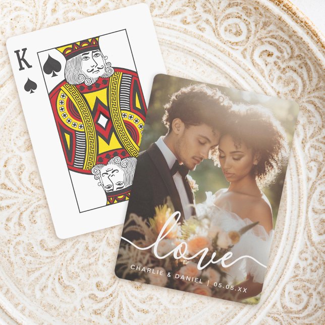 Baralho foto de noivado de casamento nomes de casais data (Wedding engagement photo love couples names date poker cards)
