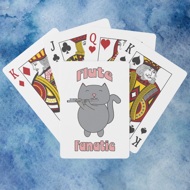 Baralho Gata Cinzenta Rosa Fanática de Flauta (A deck of playing cards that has a gray cat playing the flute with the words flute fanatic.)