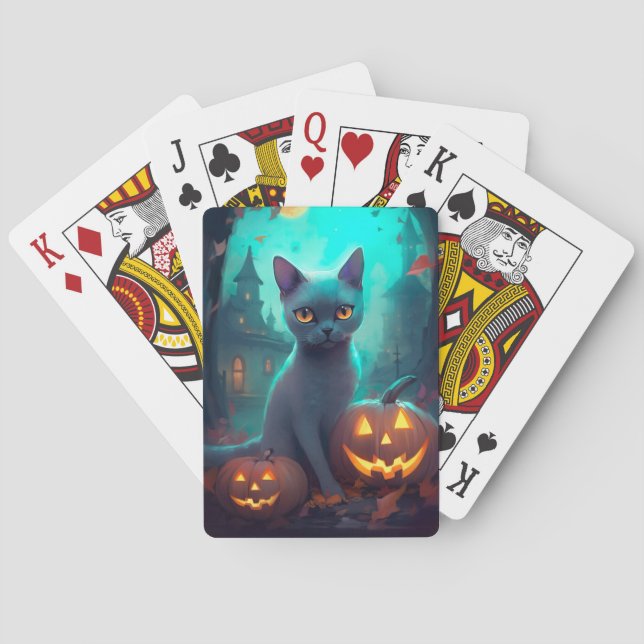 Baralho Gato Azul Russo de Halloween com Abóboras Assustad (Verso)