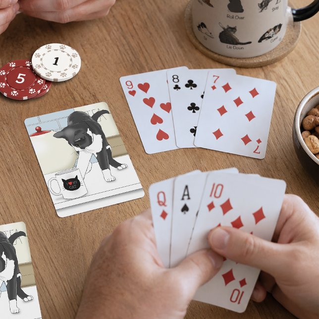 Baralho Gato Cinza Branco Curioso Caneca de Chá Engraçada  (Criador carregado)