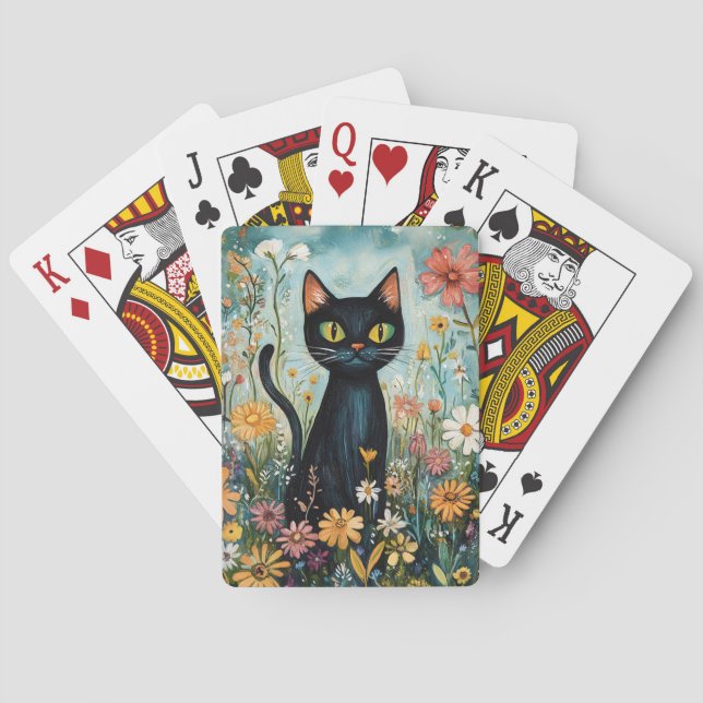 Baralho Gato Negro Whimsical com Ilustração de Flores Selv (Verso)