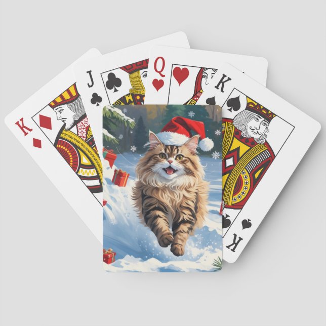 Baralho Gato Persa Sentado na Neve com Chapéu de Natal (Verso)