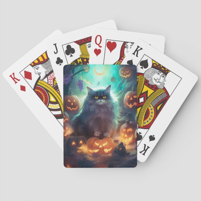Baralho Gato Siberiano de Halloween com Abóboras Assustado (Verso)