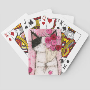 Baralho Gato Smoking Holding Buquê de Rosas Rosa