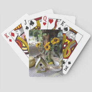 Baralho Girassóis de Outono Rústicos e Casa de Pássaros Fo