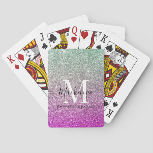 Baralho Girly Aqua Blue Pink Ombre Glitter Monograma