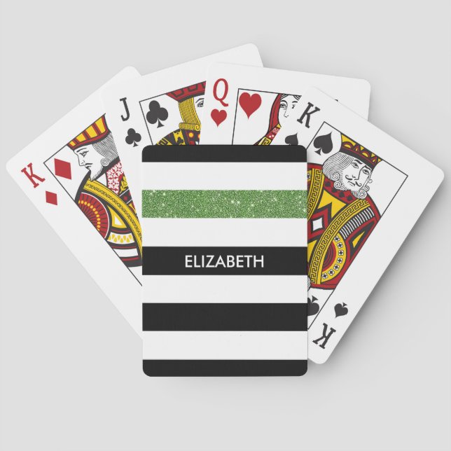Baralho Glitz Verde e Nome Modernos de Black Stripes FAUX (Verso)