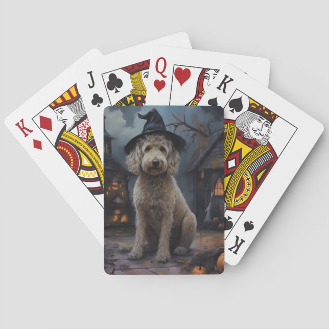 Baralho Goldendoodle Pumpkins Halloween Assustado (Verso)