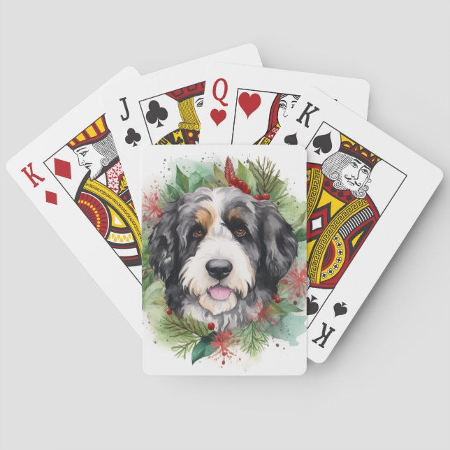 Baralho Grinalda de Natal Bernedoodle Cachorro Festivo (Verso)