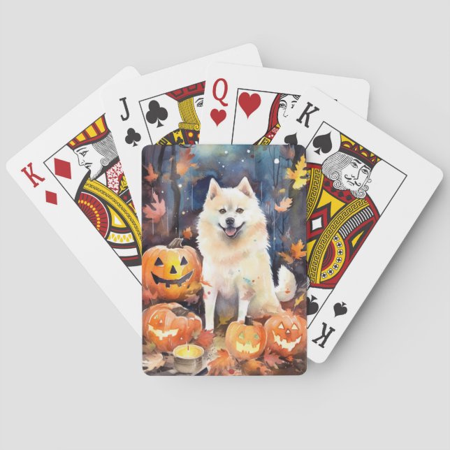 Baralho Halloween American Akita Com Pumpkins Assustado (Verso)
