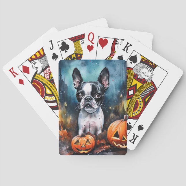 Baralho Halloween Boston Terrier Com Pumpkins Assustado (Verso)