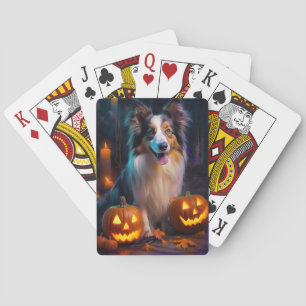 Baralho Halloween Shetland Sheepdog Com Pumpkins Assustado