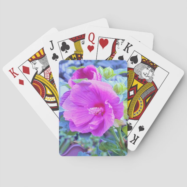 Baralho Hibisco Rosa Elegante com Folhagem Azul ondulada (Verso)