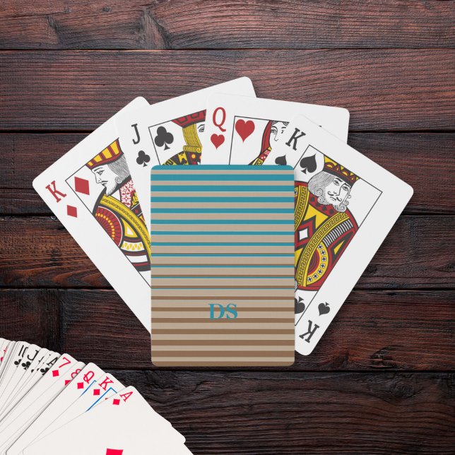 Baralho Horizontal Stripes Castanho e Monograma Azul (monogrammed playing cards in brown and blue)