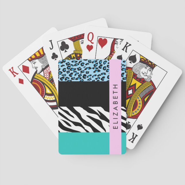 Baralho Impressão Leopardo, Impressão Zebra, Azul, Seu Nom (Verso)