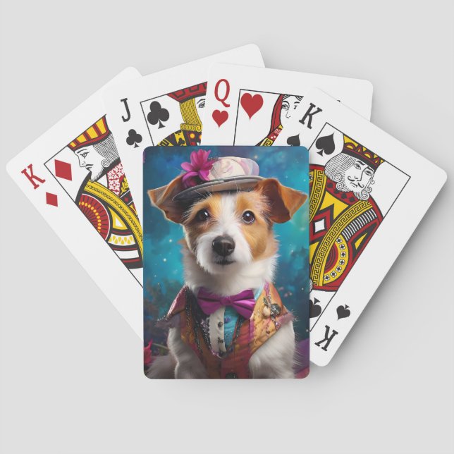 Baralho Jack Russell, chapéu branco, flor rosa (Verso)