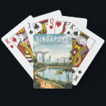 Baralho Jardins De Cingapura Pela Baía Viagem Art Vintage<br><div class="desc">Singapura retro vetor viagem design. Marina Bay é uma área de alto escalão de arranha-céus,  hotéis elegantes e shoppings de luxo. É conhecida pela torre da roda-gigante Singapura Flyer Ferris e pelos conservatórios de flores e superárvores coloridas de jardins pela baía.</div>