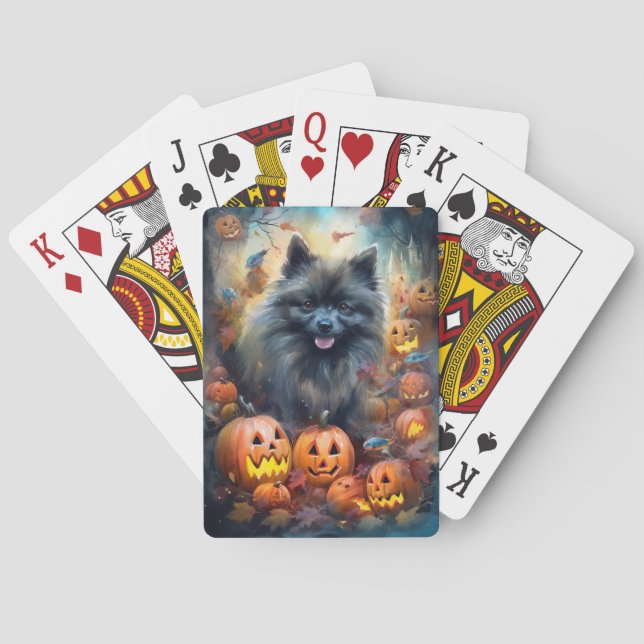 Baralho Keeshond de Halloween com Abóboras Assustadoras (Verso)