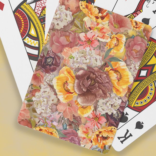 Baralho Laranja Burgundy Creme Floral Aquarela   (Rust/burgundy, orange, and cream-colored watercolor floral playing cards)