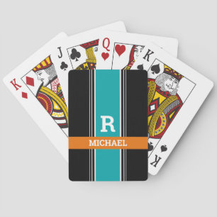 Baralho Laranja Teal e Stripes Pretas, Monograma e Nome Ne