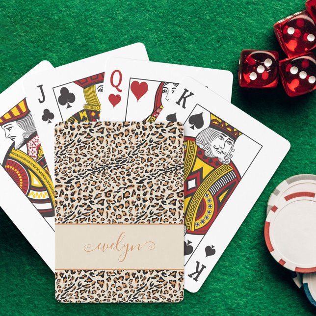 Baralho Leopardo Animal Imprimir Creme Preto Tan Script Na (Criador carregado)