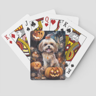 Baralho Lhasa Apso de Halloween com Abóboras Assustador