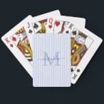 Baralho Listras Azuis e Brancas com Monograma do Nome<br><div class="desc">Adicione um toque personalizado e sofisticado à noite de jogos com este elegante baralho de cartas personalizado. Com um design listrado azul e branco elegante, cada carta é personalizada com a inicial do seu monograma e nome em uma fonte de letra cursiva sofisticada, dando ao seu baralho um charme atemporal...</div>
