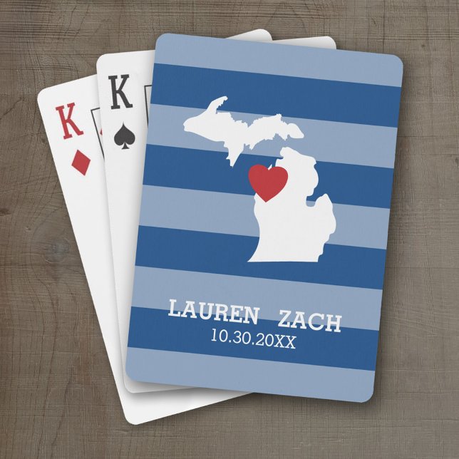 Baralho Mapa da Cidade do Estado de Michigan - Casamento P (Personalized Playing Cards with a State Map, Movable Heart and Name)