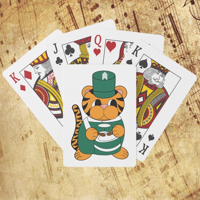 Baralho Marching Banda Tigre Drummer Verde e Branco (Playing cards featuring a tiger in a green & white marching band uniform while playing drums.)