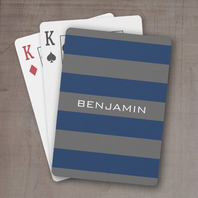 Baralho Marinho Azul e Cinza Rúgios de Rugby com Nome Pers (Personalized playing cards - sporty, preppy stripe pattern with name. Great gift for the guys!)