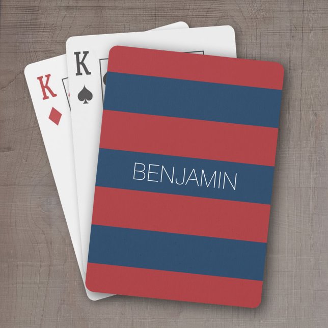 Baralho Marinho Azul e Vermelho de Rúguebi com Nome Person (Personalized playing cards - sporty, preppy stripe pattern with name. Great gift for the guys!)
