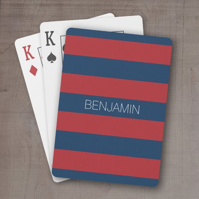 Baralho Marinho Azul e Vermelho de Rúguebi com Nome Person (Personalized playing cards - sporty, preppy stripe pattern with name. Great gift for the guys!)