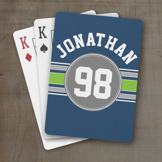 Baralho Marinho azul Verde Sports Jersey Stripe Nome (Personalized Playing Cards - Sports Jersey Design)
