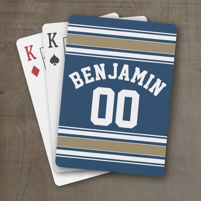 Baralho Marinho de Futebol Jersey Blue Dourado Strips Núme (Personalized Playing Cards - Sports Jersey Design)