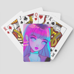 Baralho Menina Anime Neon Fofa Jogando Cartas