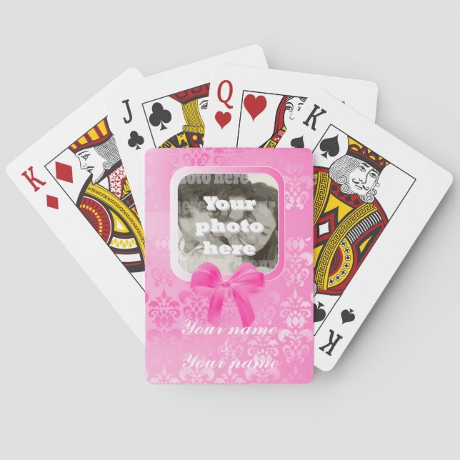 Baralho Modelo de foto ao quadrado no damask rosa (Verso)