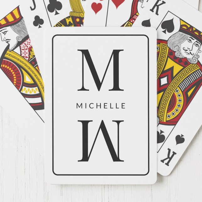 Baralho Monograma Branco Simples Elegante Nome Moderno Ini (White Monogram Simple Elegant Initial Modern Name Poker Cards)