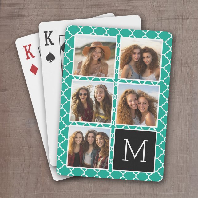 Baralho Monograma da Colagem de Fotografias Emerald & Blac (Add 5 photos and personalize this set of playing cards with a monogram and emerald green accents)