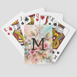 Baralho Monograma de aquarela floral com flores de cerejei