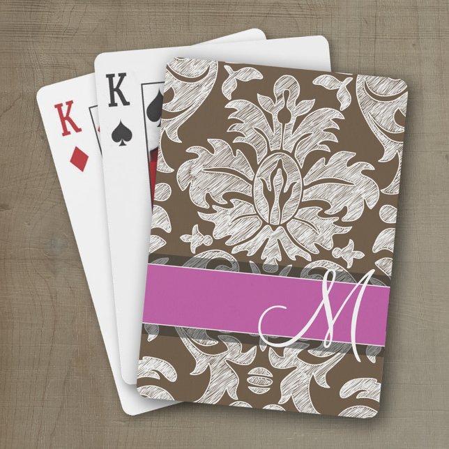 Baralho Monograma de chocolate e Cor damasco magenta (Personalized playing cards with a fun area to add text such as a name or monogram)