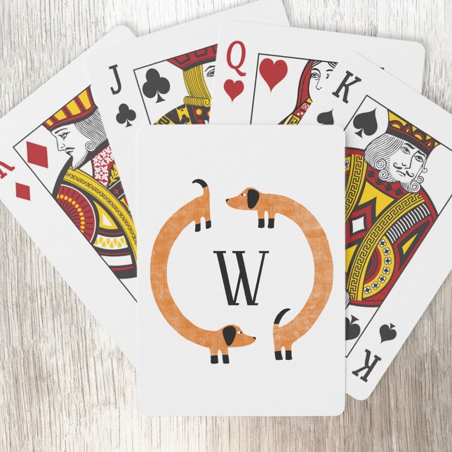 Baralho Monograma de Enchimento de Enchimento Engraçado (Funny Dachshund Wiener Sausage Dog personalized monogram initial playing cards)