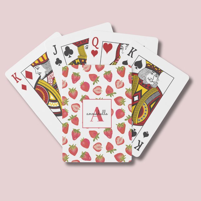 Baralho Monograma de Morango de Verão Personalizado (Personalised strawberry playing cards.)