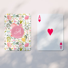 Baralho Monograma de Nome com Padrão Floral de Coral Rosa 