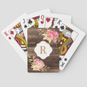 Baralho Monograma Dourado Flores Rosa Madeira Marrom Rústi