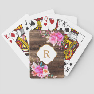 Baralho Monograma Dourado Flores Rosa Marrom Rústico Madei