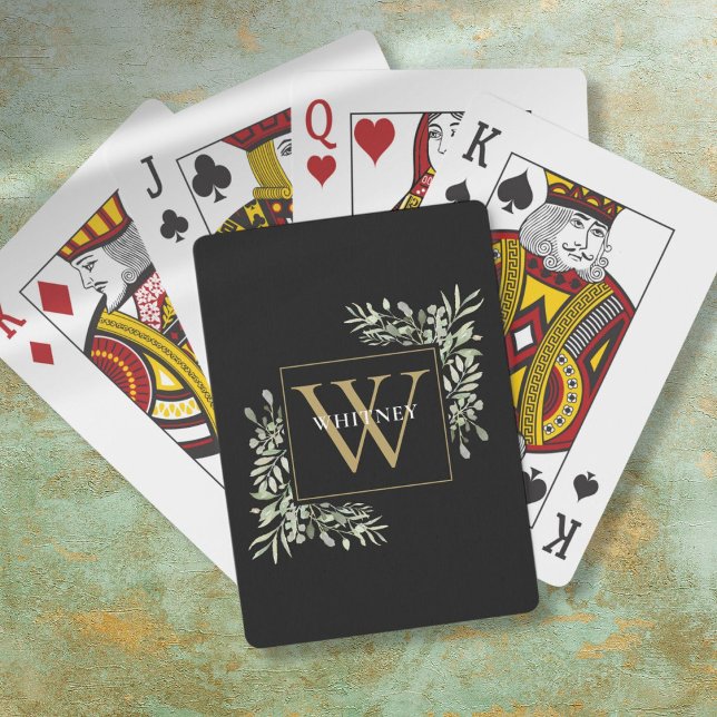 Baralho Monograma Dourado Negro Verde Personalizado (Black Gold Monogram Greenery Personalized Poker Cards)