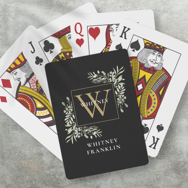Baralho Monograma Dourado personalizado verde (Personalized Black Gold Monogram Greenery Playing Cards)