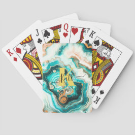 Baralho Monograma Moderno Personalizado de Ouro Aqua Agate